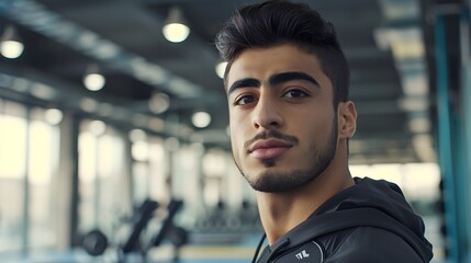Fototapeta premium A confident young man with groomed facial hair poses in a gym, his expression calm and assured against the fitness equipment backdrop.