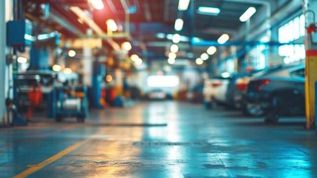 Blurred vehicle garage interior with soft focus, mechanic center for auto maintenance and repair, and hazy car service backdrop.