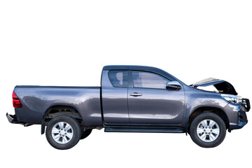 Side view of black pickup truck car get damaged by accident on the road. damaged cars after...
