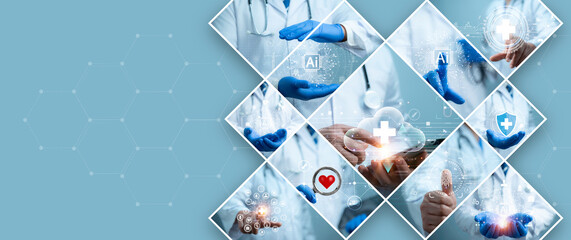 Medical health technology background concept.Healthcare and medical worker working with hologram...