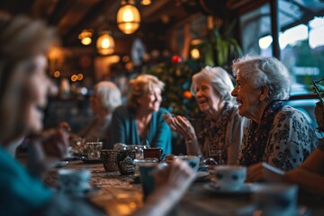 Elderly patrons enjoying a jovial reunion at a cafe, engaging in lighthearted conversation.