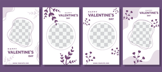 Valentine's day February 14 story design template set. Story geometric layout for promo greeting card design for lover's holiday. Elegant white and purple colored modern social posters set
