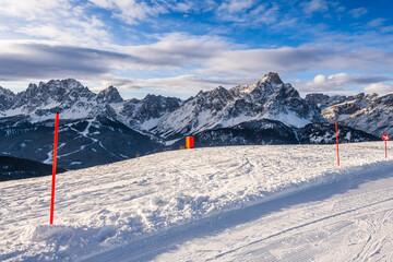 Fototapeta na wymiar The Three Peaks (Drei Zinnen) ski resort in the UNESCO World Heritage site Dolomites in Italy. 