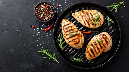 Grilled chicken breasts on a grill plate on black background with copy space, top view. Bbq background 