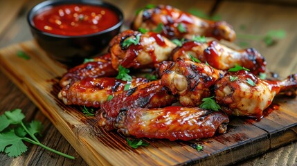 Grilled chicken wings with ketchup and sauces on a wooden board. Traditional baked bbq