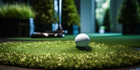 Golf sphere on raised platform in virtual reality. - obrazy, fototapety, plakaty