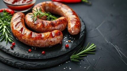 Grilled pork sausages with sauce on black stone board on dark background. BBQ. Homemade Snail round sausage. Copy space.