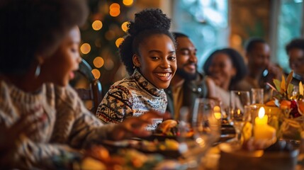 Joyful African American girl chuckling as she relishes Thanksgiving meal with her large family in dining area. - obrazy, fototapety, plakaty