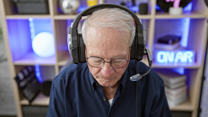 Elder streamer alert, serious-faced gaming guru, a mature man with grey hair, engages in a digital...