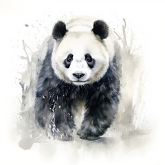 Giant panda digital watercolour painting on white, with vibrant brushstrokes and dynamic splashes.