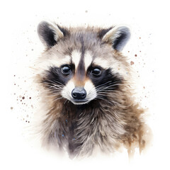 Digital watercolour illustration of a raccoon, capturing its intricate facial features and expression. White background.