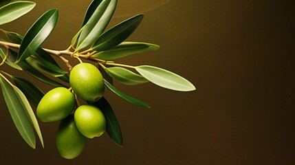 Green olives surrounded by olive leaves.