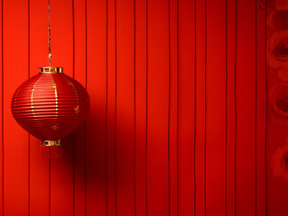 Chinese Lantern hanging on isolated red background - ai generative