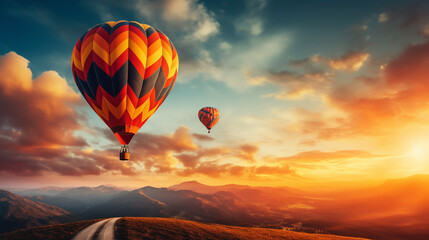 Fototapeta premium Colorful hot-air balloons flying over the mountain