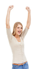 Fototapeta na wymiar Woman, excited and celebration with portrait in studio for winner or success notification on mock up space. Person, happy and arms raised for achievement, promotion or bonus sale on white background