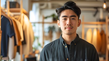 Fototapeta premium A smart young man in a dark green shirt stands with a casual yet confident posture in a well-lit boutique.