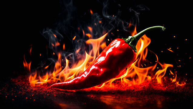 Red hot chilli pepper in fire on dark black background. chilli pepper in fire on dark black background. Ai Generative