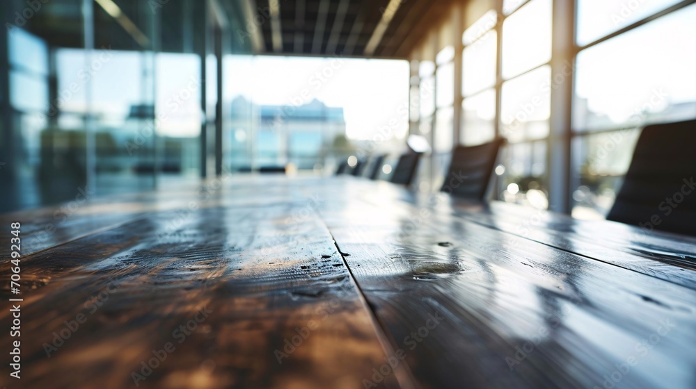 Wall mural the conference room has a glass interior and a blurred background of a corporate office, with a wood