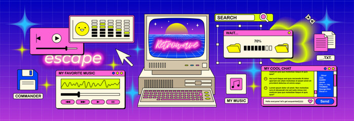 The screen of an old retro PC in the y2k style. Retro wave and vaporwave background. Bright vintage computer interface