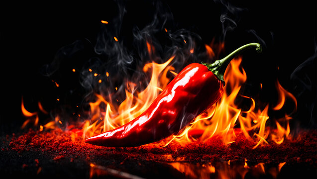 Red hot chilli pepper in fire on dark black background, Red chilli peppers. Ai Generative