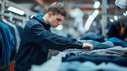 Focused young worker sorting through clothing in an industrial garment manufacturing space.