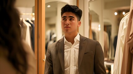 A young man fitting a brown blazer looks up thoughtfully in the mirror at a clothing store.