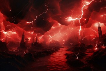 A red electric storm in 3D, emitting energy, transparently. Generative AI