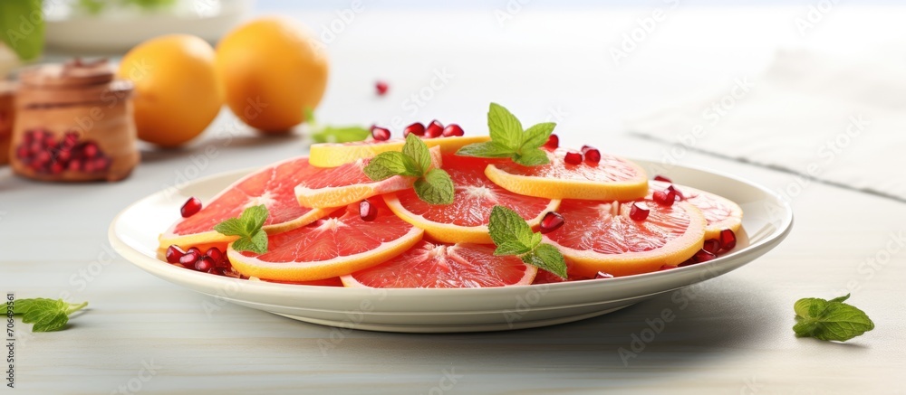 Canvas Prints Colorful citrus fruit salad with grapefruit slices, pomegranate seeds, on a white plate with yellow linen. Space for copying.