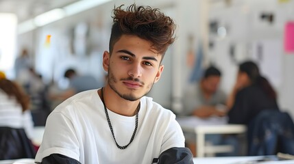 A trendy young man with a fashionable hairstyle and a light beard sits in a creative workspace, looking directly at the camera with a confident smile.