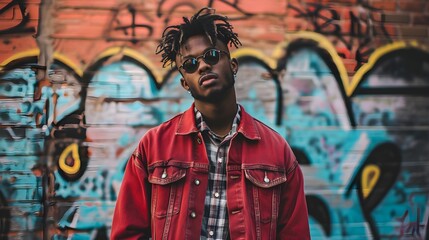 Obraz premium A stylish young man stands in front of a vibrant graffiti wall, wearing a red jacket and sunglasses with confidence.