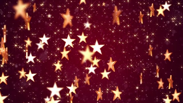 Shiny golden stars and glittering gold star particles on an elegant dark red gradient background. This luxury glitzy animation is suitable as an awards ceremony or talent show background. 