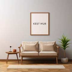 Empty frame mockup in a modern living room with natural wooden furniture. ai generative