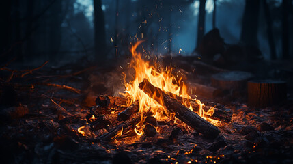 Small campfire with gentle flames beside a lake during a glowing sunset.