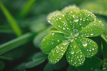 Close up of dew drops on a lucky St Patrick's day four leaf clover