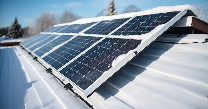 Aerial view of snow melting from covered solar photovoltaic panels installed on house rooftop for producing clean electrical energy