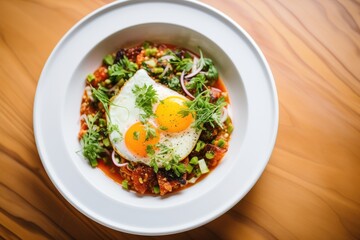 modern plating, shakshuka in white dish, microgreens scattered