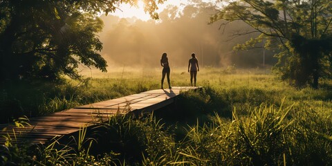 The silhouette of a fitness couple engages in a serene yoga session on a wooden platform in a lush grass field, bathed in the soft, beautiful morning light, with captivating shadows enhancing the scen