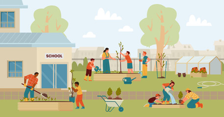Teachers and children planting trees and bushes in the school backyard flat vector illustration. School garden with people, greenhouse, beds, cart, freshly planted trees and bushes. - obrazy, fototapety, plakaty