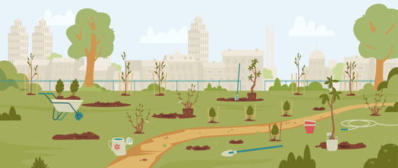 Community garden during plantation process in Spring with seedlings, trees and bushes, gardening equipment flat vector illustration. Public garden with no people scenery.
