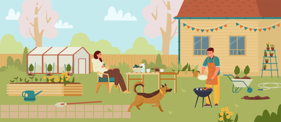 Couple and a dog in the backyard having barbecue in Spring flat vector illustration. Spring gardening season in the countryside.