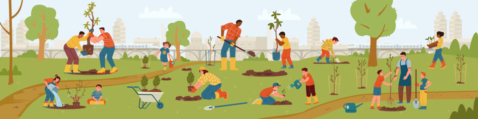 Multiracial group of people working in community garden. Adults and kids planting trees and bushes outdoors vector horizontal banner. Different people carrying trees, digging, watering. - obrazy, fototapety, plakaty
