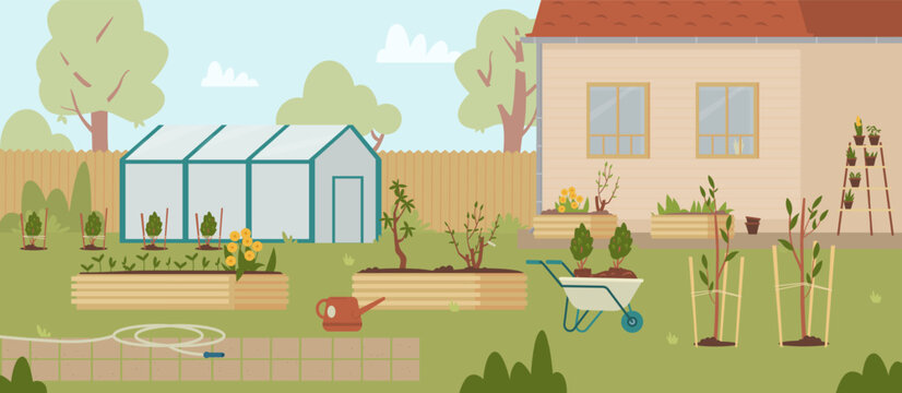 Spring backyard with gardening tools, greenhouse beds and freshly planted trees and bushes flat vector illustration. Spring garden with no people scenery.