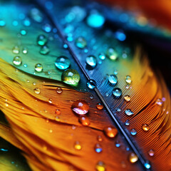 fotografia de primer plano con detalle y textura de gotas de agua sobre pluma de tonos iridiscentes