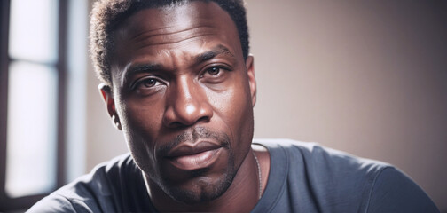 ritratto con primo piano di volto di uomo adulto di colore dallo sguardo deciso, sfondo con luce diffusa