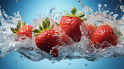 Swirl water splash with strawberry and ice cubes. vitamin fruity drink, juice or beverage ads