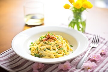 spaghetti carbonara with a sprinkle of chives, cloth napkin to side
