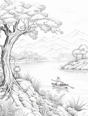 coloring pages of lake landscape with tree and fisherman