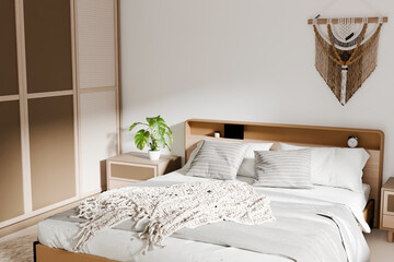 Beige color bedroom interior with double bed standing . 3d rendering