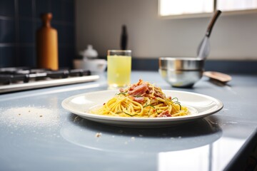 authentic carbonara portioned on a scale, kitchen environment - obrazy, fototapety, plakaty