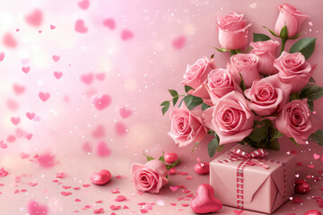 Valentine's day banner concept design of roses bouquet and gift box with hearts